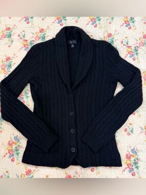 Aqua Cable Knit Shawl Collar Cashmere Cardigan Black - Large